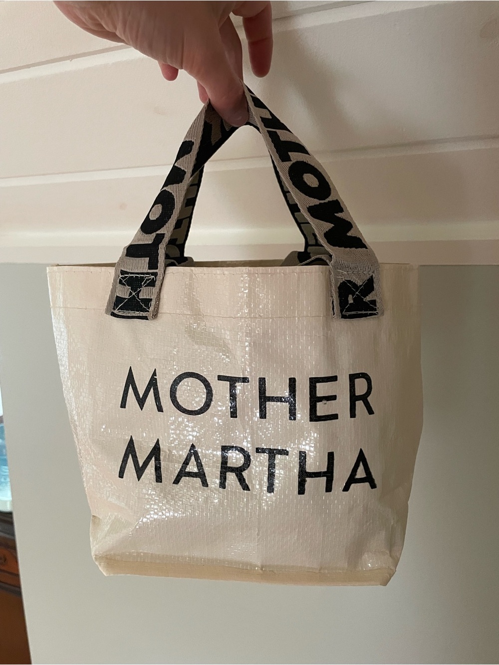 MOTHER Cream Tote with Black Logo Straps